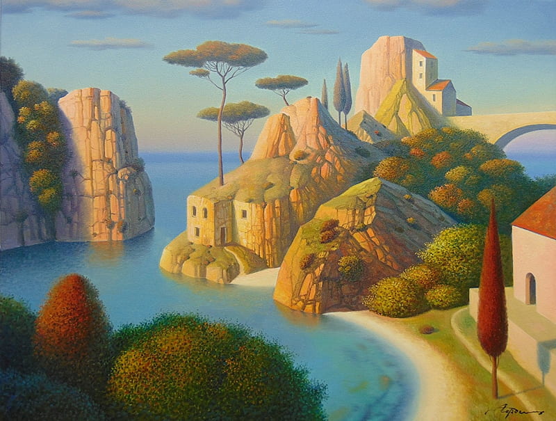 Red cypress bay, art, water, vara, evgeni gordiets, painting, summer, pictura, bay, cypress, HD wallpaper
