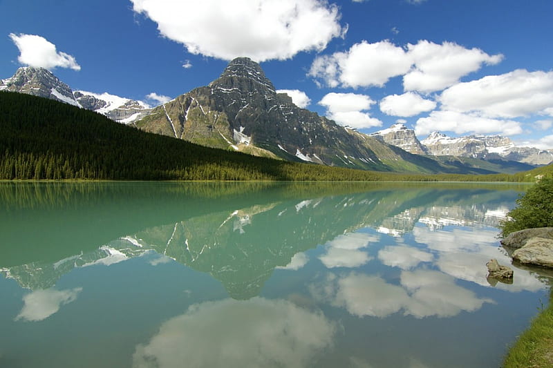 Mount Chephren, Waterfowl Lake, Banff NP, water, mountains, reflection, clouds, sky, HD wallpaper