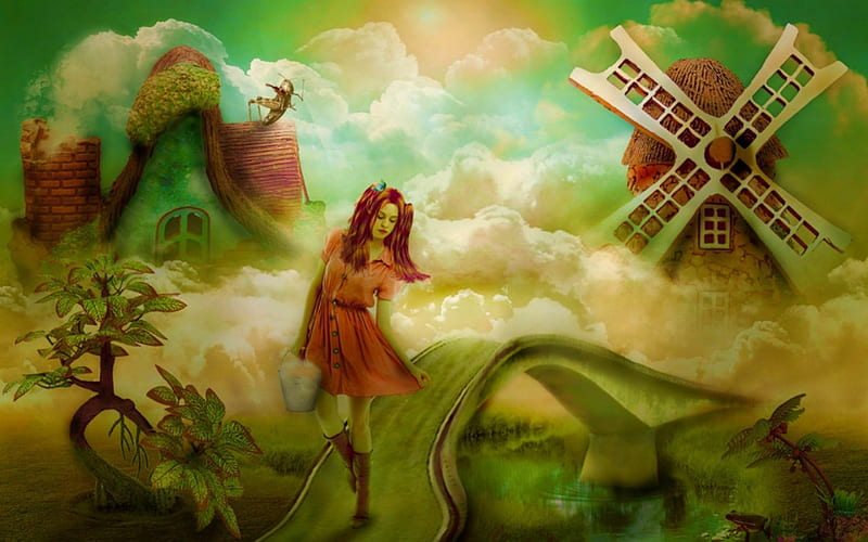 greetings from heaven, windmill, house, cloud, girl, bridge, HD wallpaper