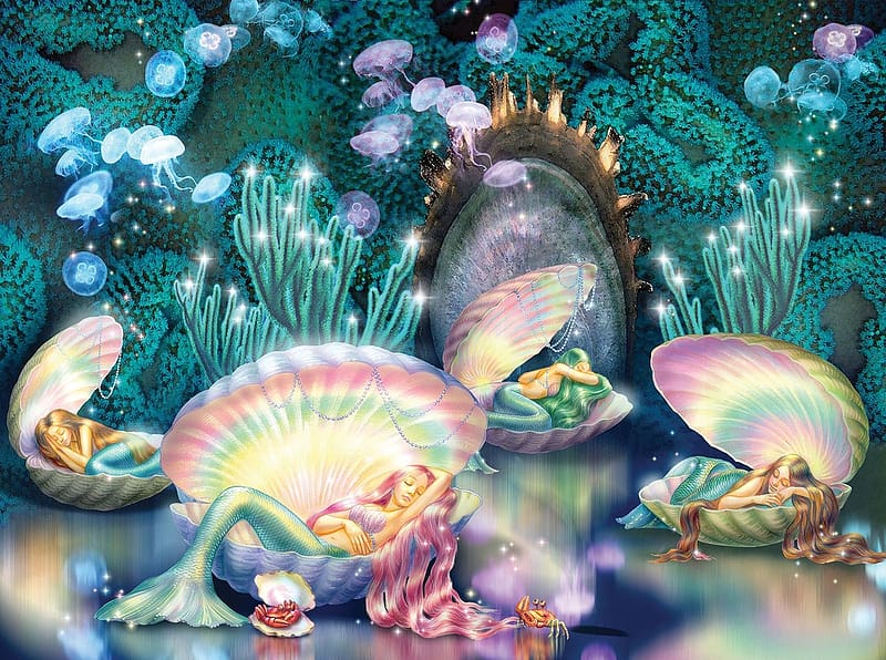 Sleeping mermaids, sleep, siren, shell, mermaid, fantasy, art, girl, HD wallpaper