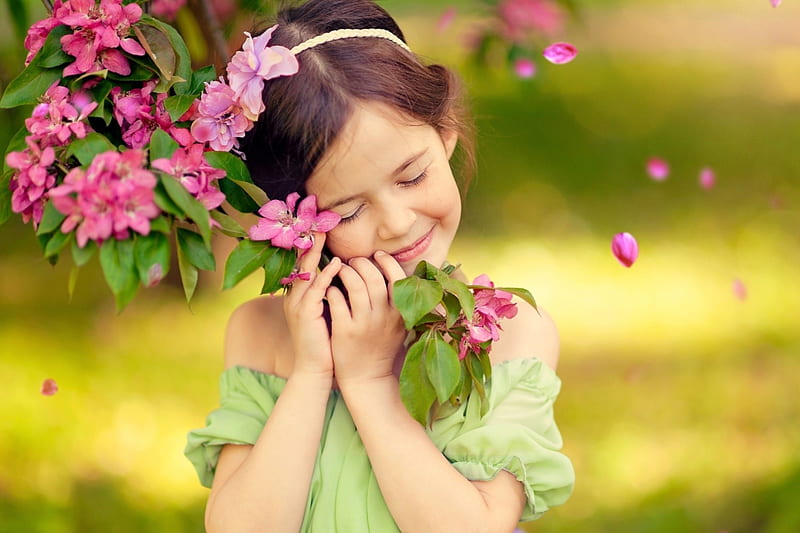 I love you, Summer!, little, joy, happy, girl, green, love, flower, copil, child, pink, HD wallpaper