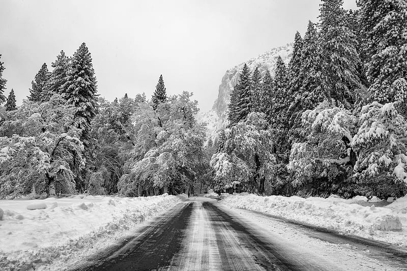 road, snow, winter, mountain, valley, HD wallpaper
