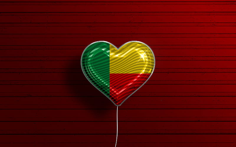I Love Benin realistic balloons, red wooden background, African countries, Benin flag heart, favorite countries, flag of Benin, balloon with flag, Benin flag, Burundi, Love Benin, HD wallpaper
