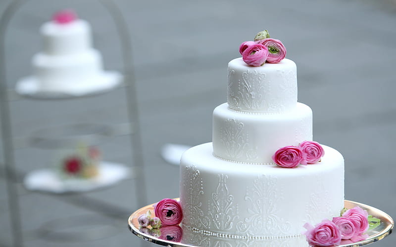 wedding cake, white cream, white multi-level cake with roses, dessert, cakes, HD wallpaper
