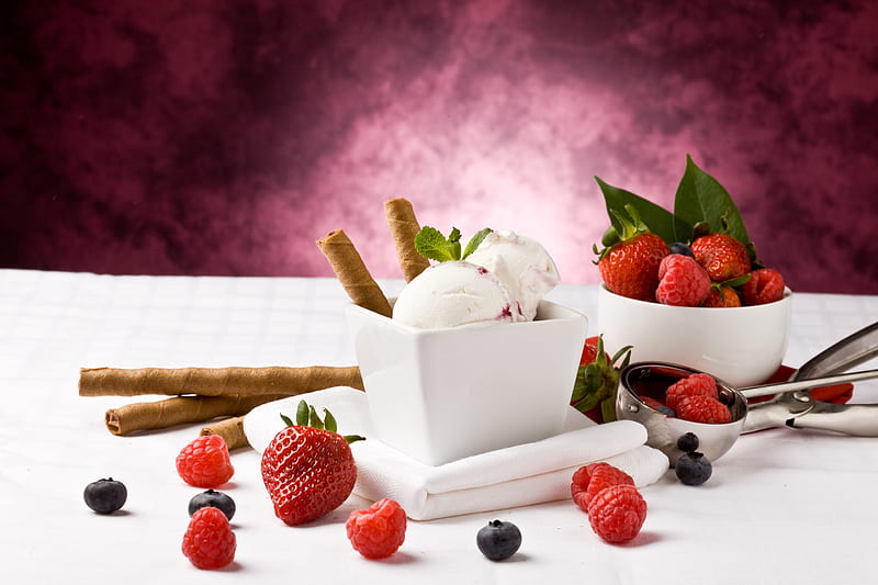 Dessert, raspberries, candies, ice cream, fruits, strawberries, HD wallpaper