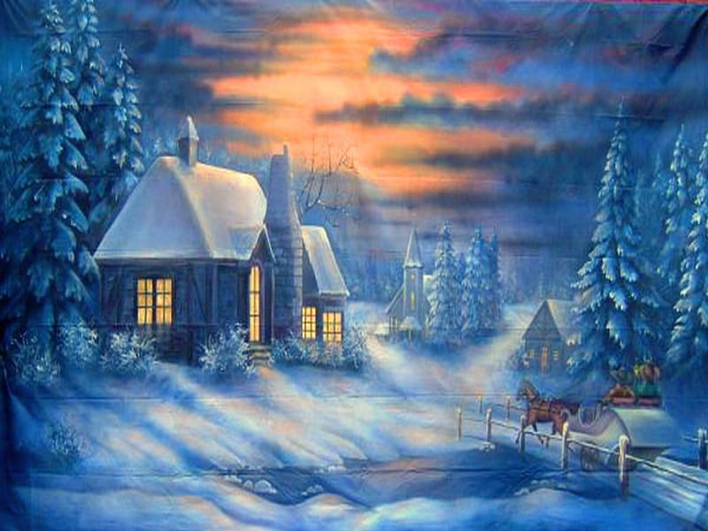 Winter peace, snow, cottage, sunset, trees, winter, HD wallpaper