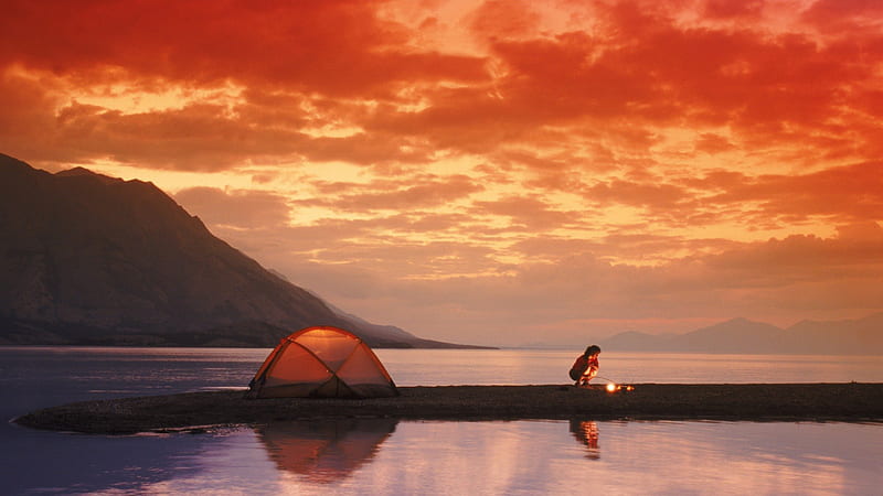 couldn't get further away from civilization, tent, inlet, mountain sunset, bay, camper, HD wallpaper