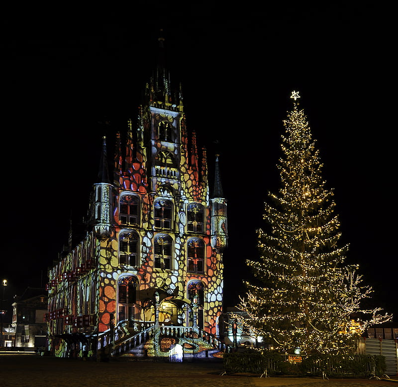 Townhall Gouda Holland, christmas tree, medieval, dark, townhall, light effects, HD wallpaper