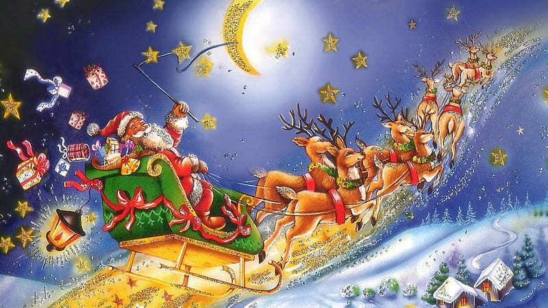 Santa Claus Sled Deer Gifts Moon Village Santa Claus, HD wallpaper