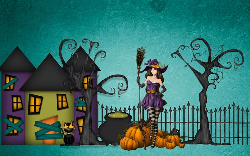 Halloween Witch, fence, witch, house, halloween, trees, cat, broom, spider web, hat, cauldron, web, black cat, pumpkins, HD wallpaper