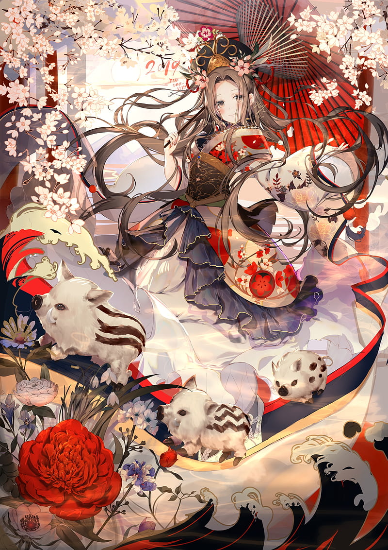 anime girl, kimono, smiling, flowers, creatures, umbrella, long hair, Anime, HD phone wallpaper