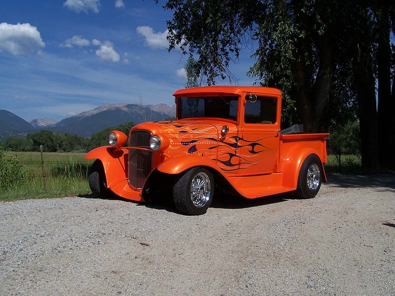 Red Hot Rod Truck With Black Flames..........., trucks, hot rods, HD wallpaper