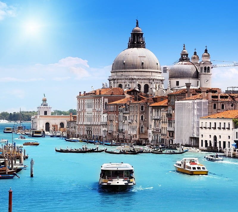 Venezia, boats, houses, sunny, sky, sea, HD wallpaper