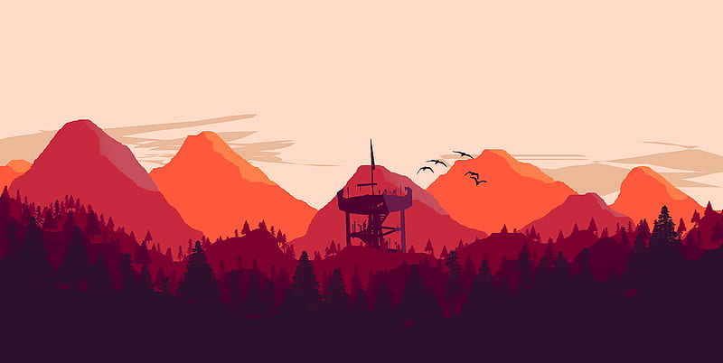 tower, mountains, forest, art, HD wallpaper