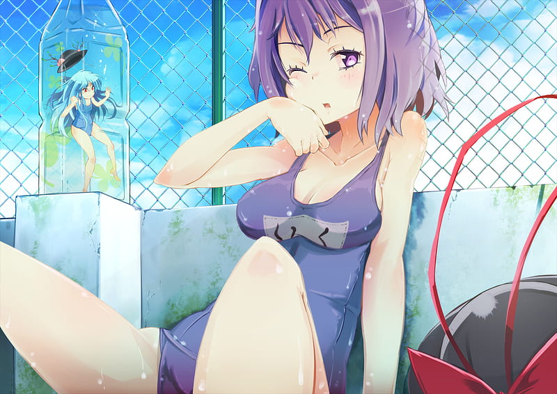 anime, nagae iku, hinanawi tenshi, sky, hat, liking, water, girl, purple eyes, HD wallpaper