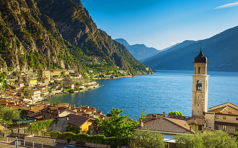 Lake Garda, Alps, church, summer, mountains, Italy, beautiful nature, Europe, HD wallpaper