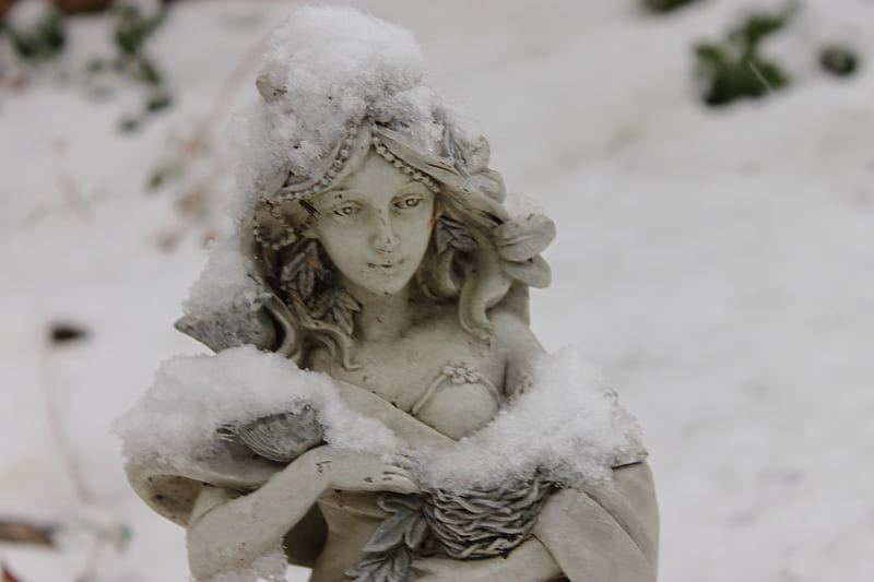 Winter Storm, christian, religion, mother, storm, winter, caring, holy, statue, sacred, HD wallpaper