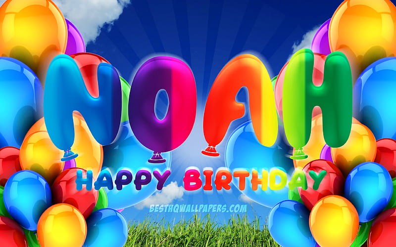 Noah Happy Birtay cloudy sky background, popular german female names, Birtay Party, colorful ballons, Noah name, Happy Birtay Noah, Birtay concept, Noah Birtay, Noah, HD wallpaper