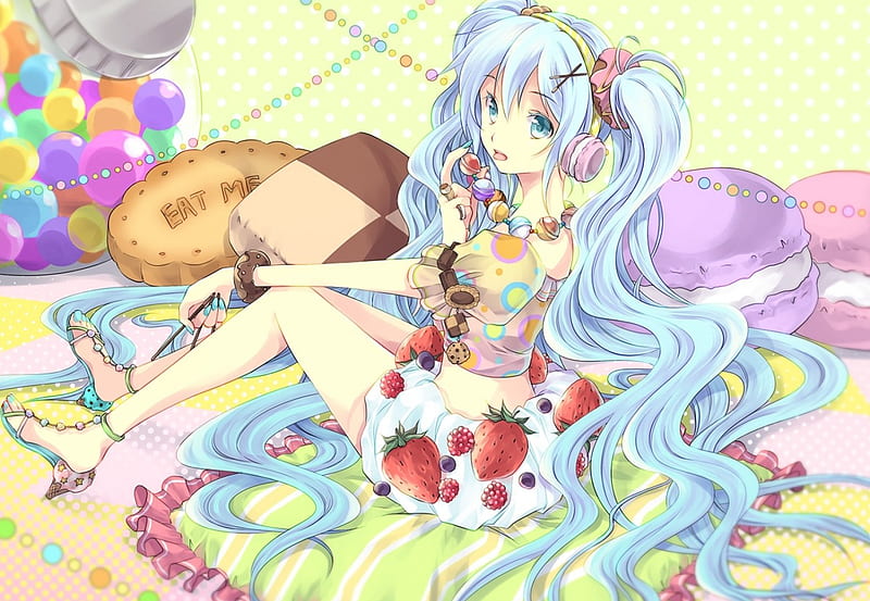 eat me hatsune miku, cake, hatsune miku, miku, strawberries, anime girl, HD wallpaper
