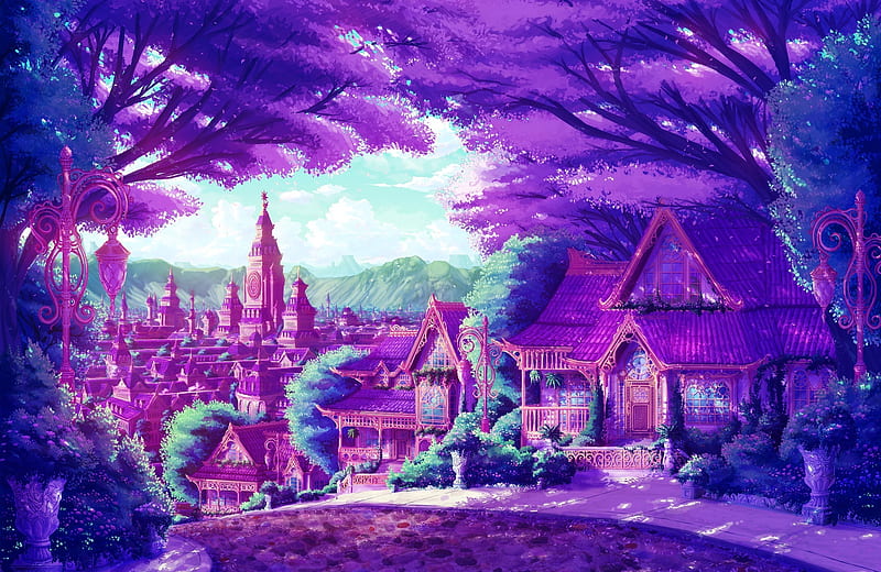 Dreams in purple * For my friend Dreamergirl (LUIZA), tree, japan, house, purple, village, nature, dream, HD wallpaper
