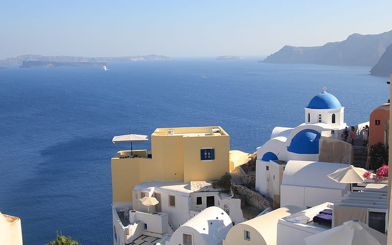 Vacations in Greece, island, Greece, church, houses, sea, HD wallpaper