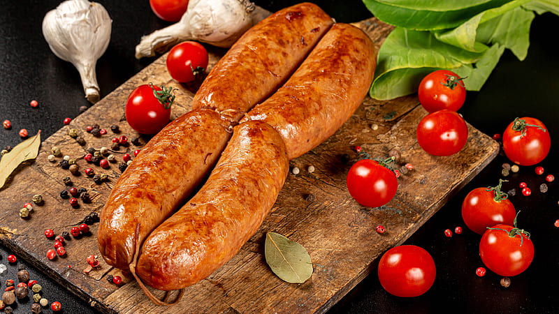 Meat Sausage Tomatoes On Wood Tray Food, HD wallpaper