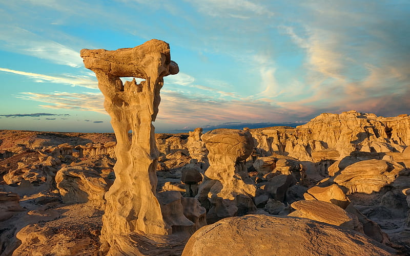 Ah-Shi-Sle-Pah Wilderness, Alien Throne, multicolored badlands, evening, sunset, rocks, landmark, San Juan County, New Mexico, USA, HD wallpaper