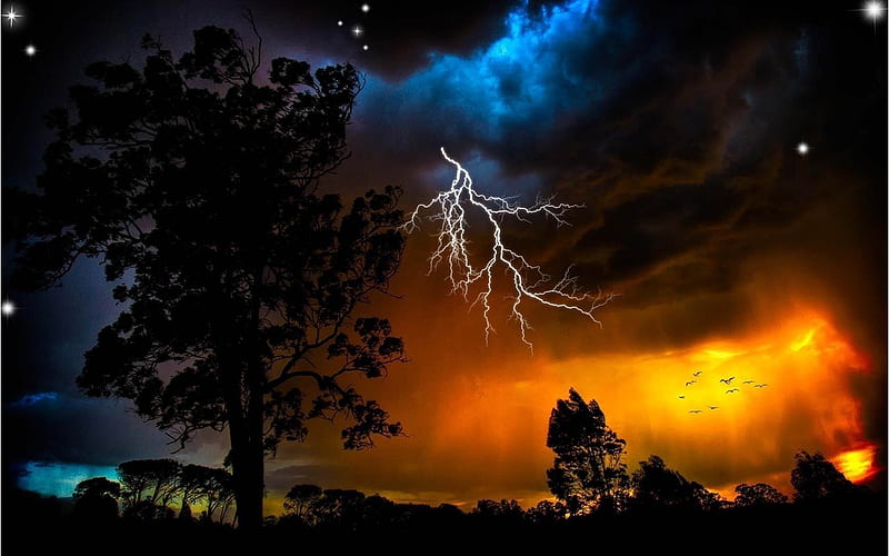 lightning sky trees weather-Natural landscape, HD wallpaper