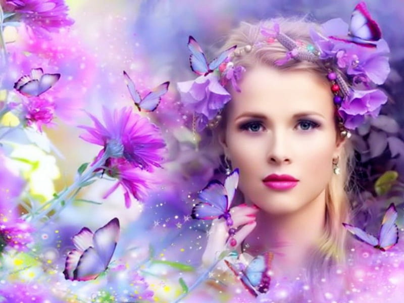Purple Beauty, blonde, butterflies, woman, softness, girl, purple, flowers, beauty, red lips, HD wallpaper