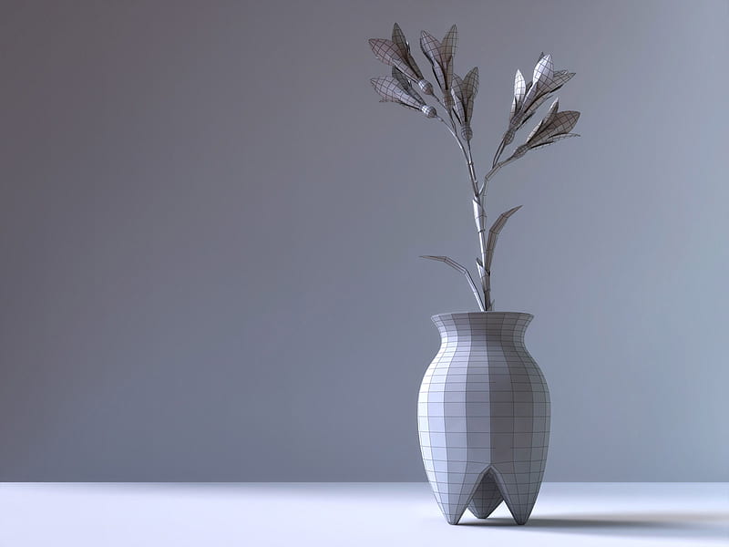 Abstract Graph Paper Flowers with Vase, 3d, grid, flowers, vase, white, abstract, stem, graph paper, HD wallpaper