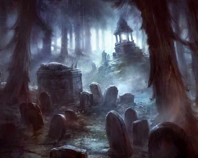 Forgoten Cemetery, fantasy, graves, dark, trees, mist, HD wallpaper