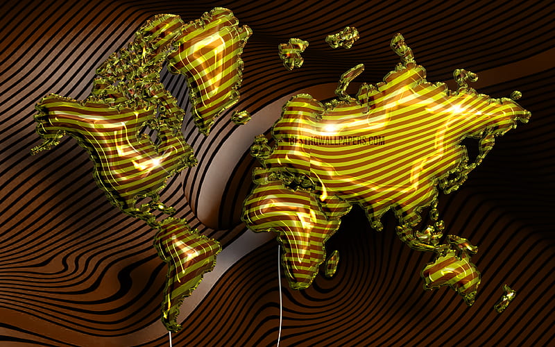 Golden Realistic Balloons world map 3D maps, World Map Concept, brown 3D background, golden balloons, creative, 3D world map, Green World Map, World Map, HD wallpaper
