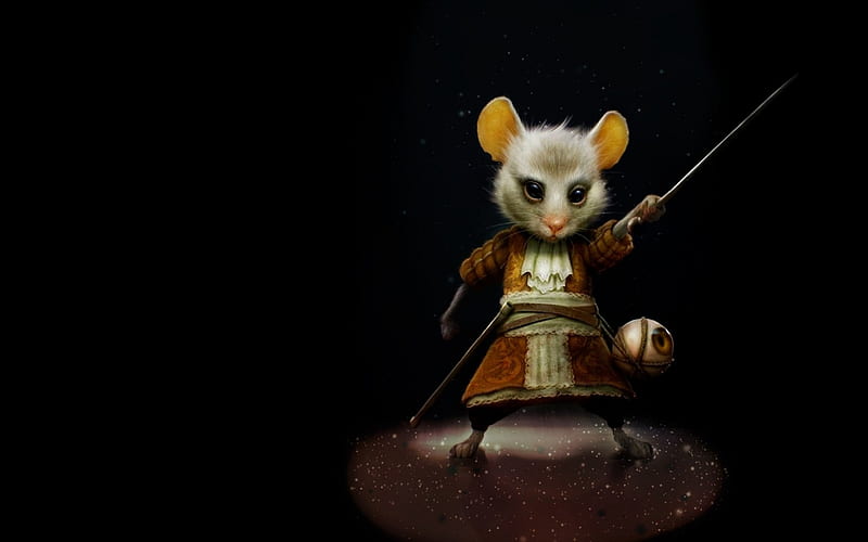 Knight Mouse, musketeer, fantasy, luminos, mouse, black, child, sword, knight, HD wallpaper