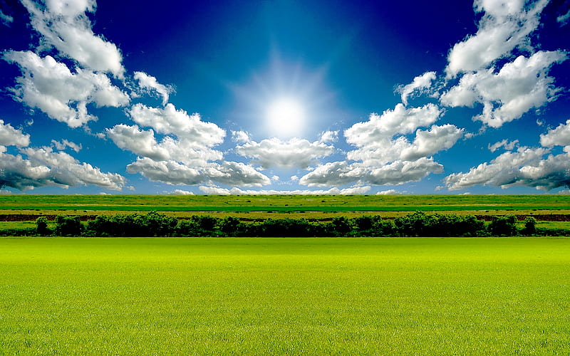 GOOD MORNING SUNSHINE, sun, shines, green, grass, clouds, sky, field, blue,  HD wallpaper | Peakpx