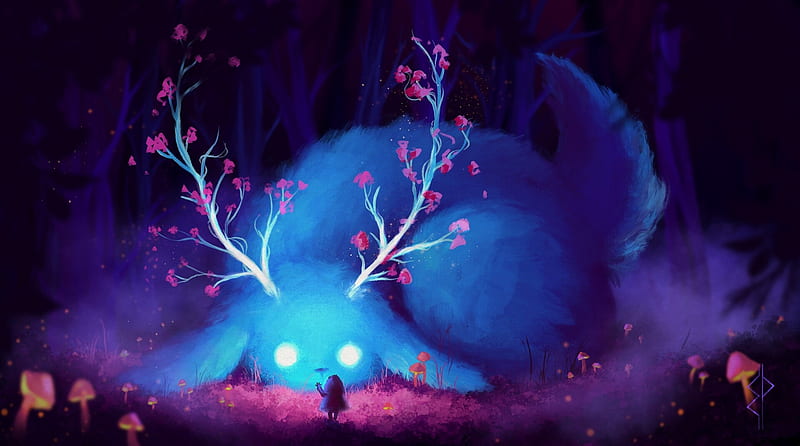 King of the forest, luminos, horns, creature, blue, giant, esmeralda platania, forest, art, fantasy, girl, pink, HD wallpaper
