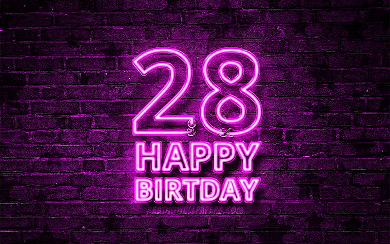 Happy 28 Years Birtay purple neon text, 28th Birtay Party, blue brickwall, Happy 28th birtay, Birtay concept, Birtay Party, 28th Birtay, HD wallpaper