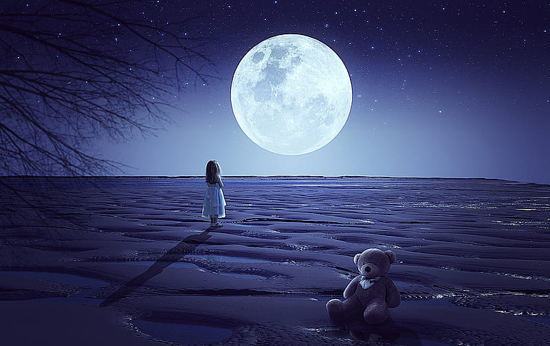 Moonlight, rafya, roof, moon, luminos, toy, creative, moon, fantasy, girl, copil, child, teddy bear, blue, HD wallpaper