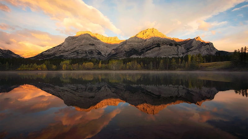 Early Autumn Reflections at Wedge Pond, Alberta, clouds, sky, mountains, water, canada, HD wallpaper