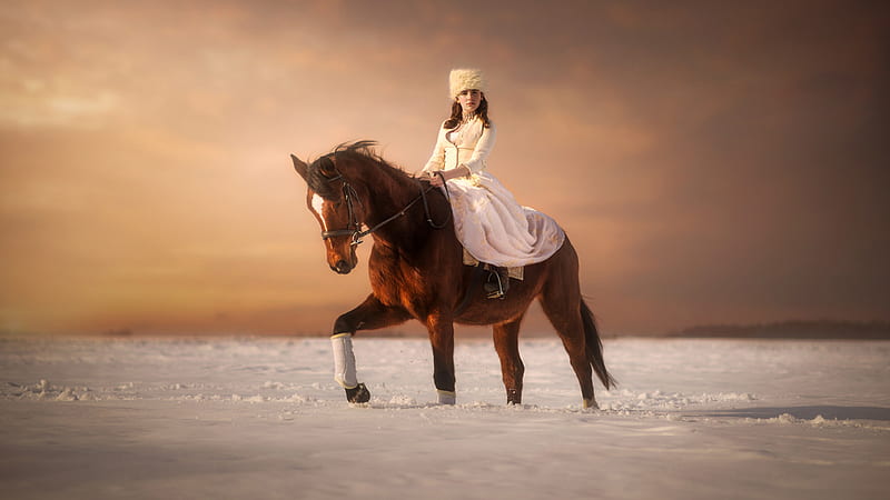 Girl Model Is Sitting On Horse Wearing Pink Dress And Hat In White Black Sky Background Girls, HD wallpaper