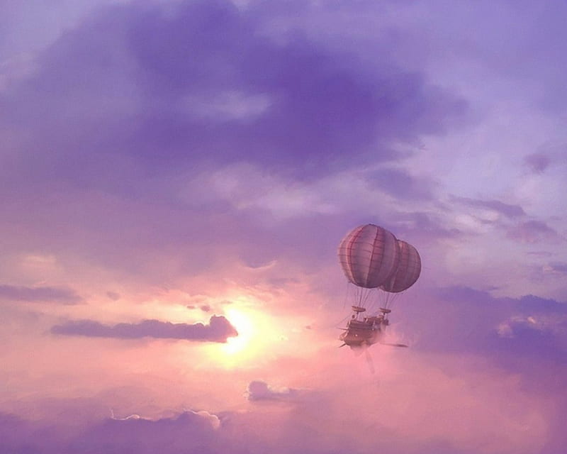 At sunset, lilac, ballon, purple, air, sunset, sky, pink, HD wallpaper