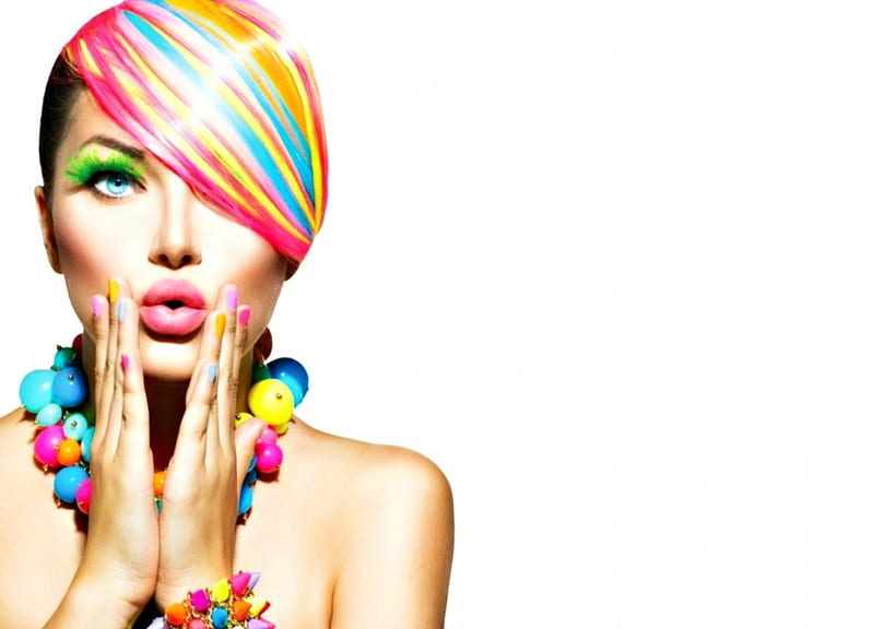 Beauty, colorful, model, yellow, woman, anna subbotina, girl, green, hand, white, pink, blue, HD wallpaper