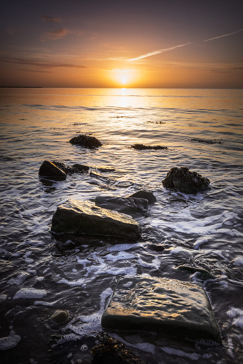 sun, horizon, rocks, glare, HD phone wallpaper