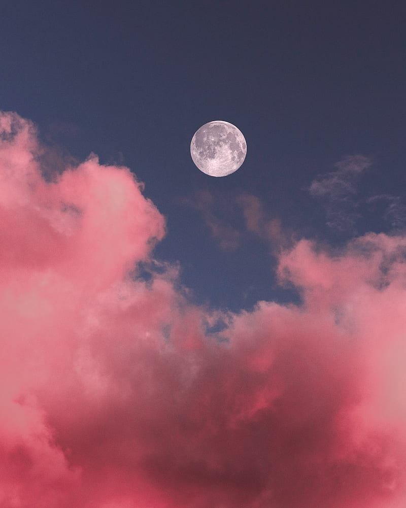 moon, clouds, pink, sky, full moon, HD phone wallpaper