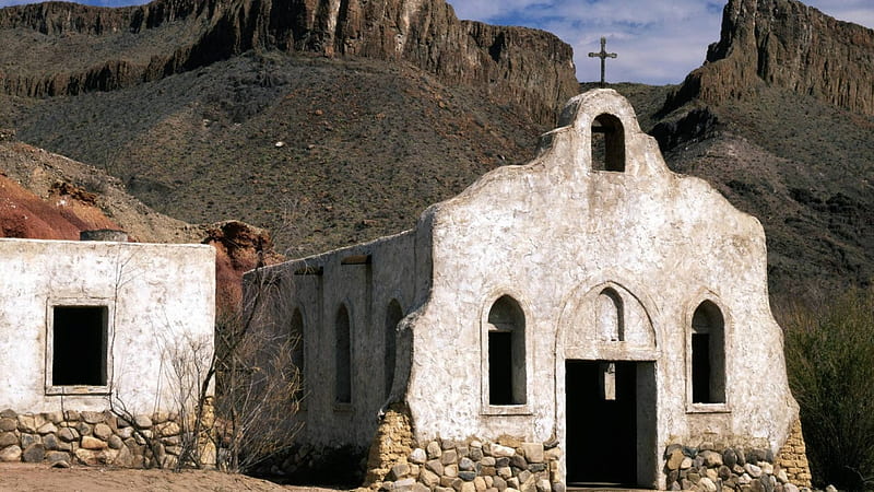 mission in big bend ranch texas, mountain, mission, desert, church, HD wallpaper
