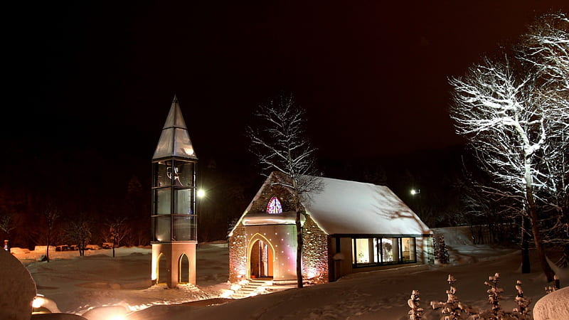 lovely modern church at night, modern, bell tower, church, lights, night, winter, HD wallpaper