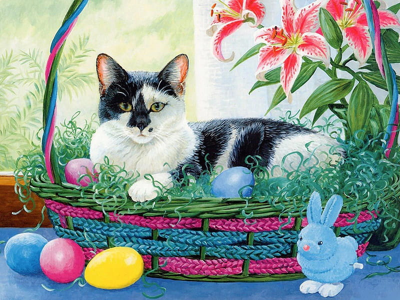 Happy Easter!, art, persis clayton weirs, easter, cat, egg, basket, painting, bunny, pictura, pisica, HD wallpaper