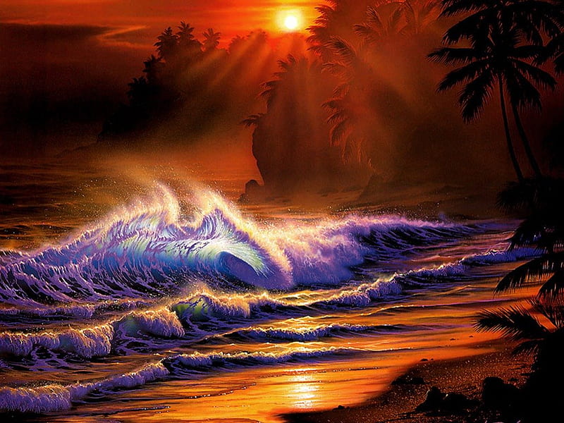 SUNSET BEACH, beach, ocean, surf, breakers, sunset, waves, abstract, sea, HD wallpaper