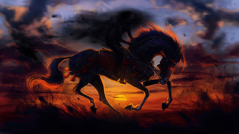 Horse Sunset Painting Artwork, horse, animals, sunset, artwork, artist, digital-art, HD wallpaper