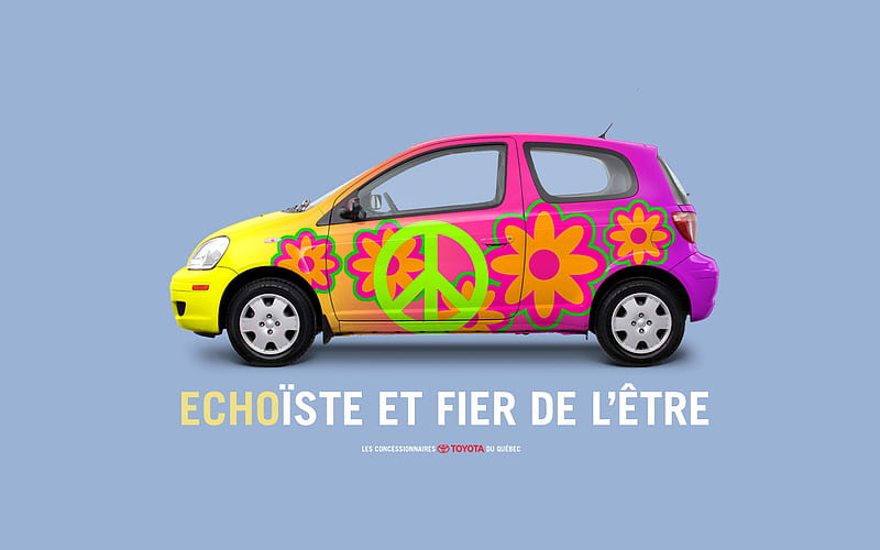 cute little echo, colorful, peace sign, echot, small car, toyota, hatch, HD wallpaper