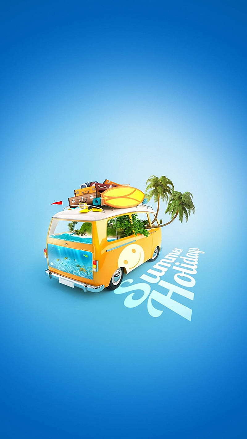 holiday, car, ocean, palm, summer, surf, tree, vacation, van, ld17, HD phone wallpaper